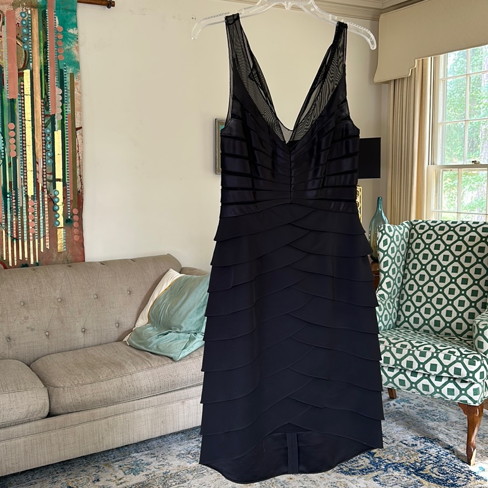 Xscape black Silky Cocktail Formal Party Dress Sheath Sheer Layer Sz 8